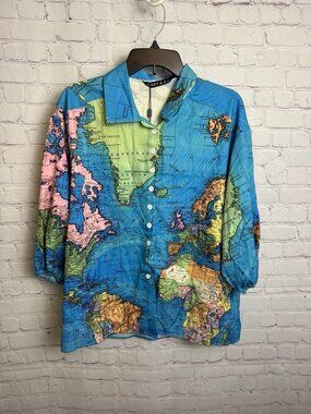C.O.Z.Y map printed bright pastel novelty button down unisex top New